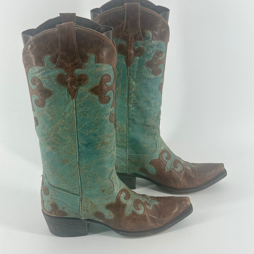 Lane Western Boots Womens 7 Turquoise Brown Leather Scroll Snip Toe Vintage